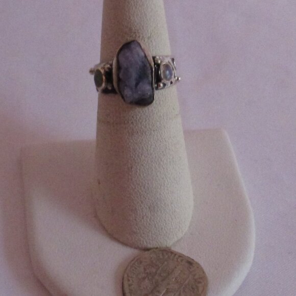 Tanzanite Rough Ethiopian Opal Sterling 925 Silver Ring - Picture 4 of 6